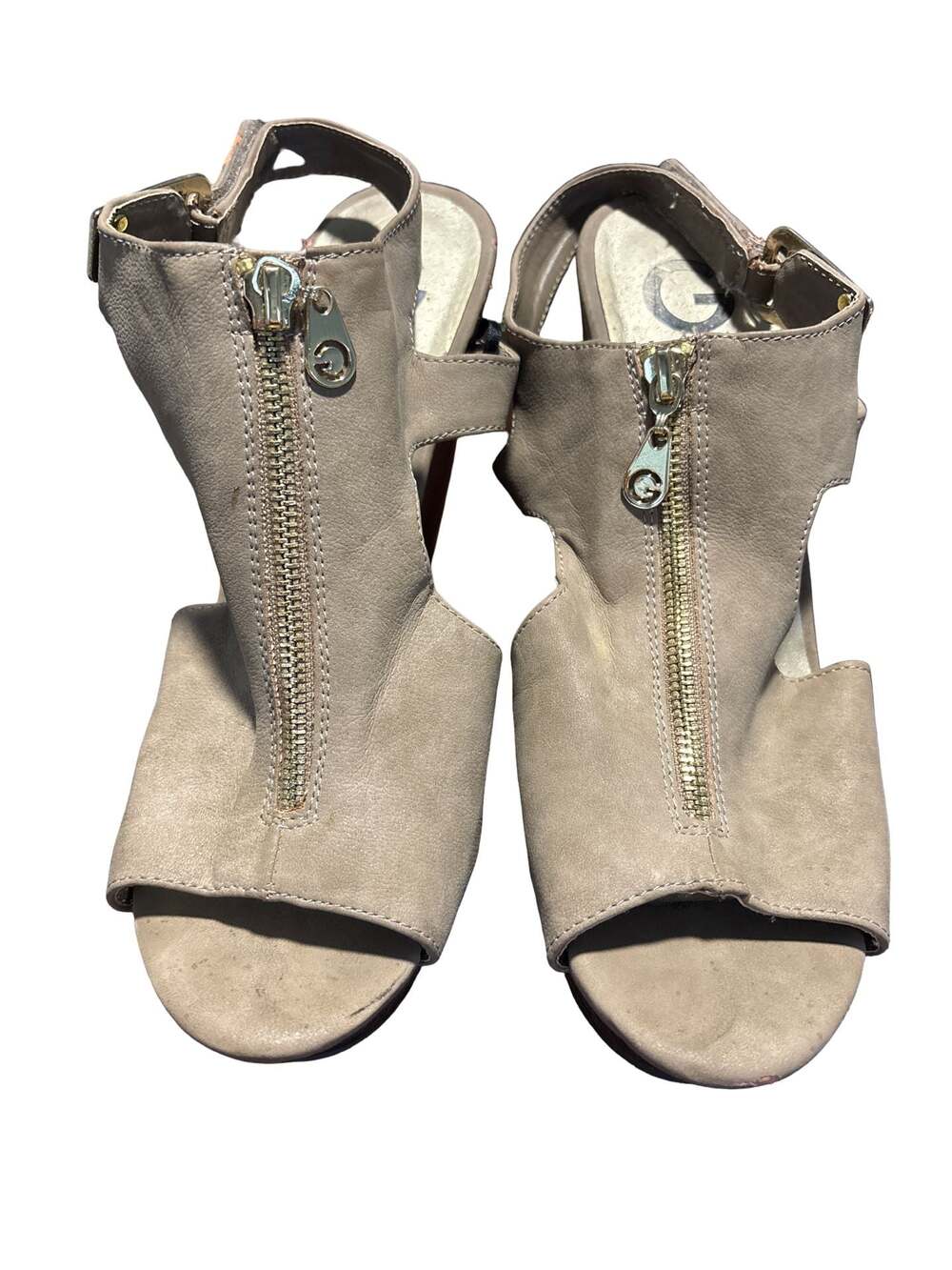 G By Guess Taupe Faux Suede Zip Front Platform Wedge Sandals
B05